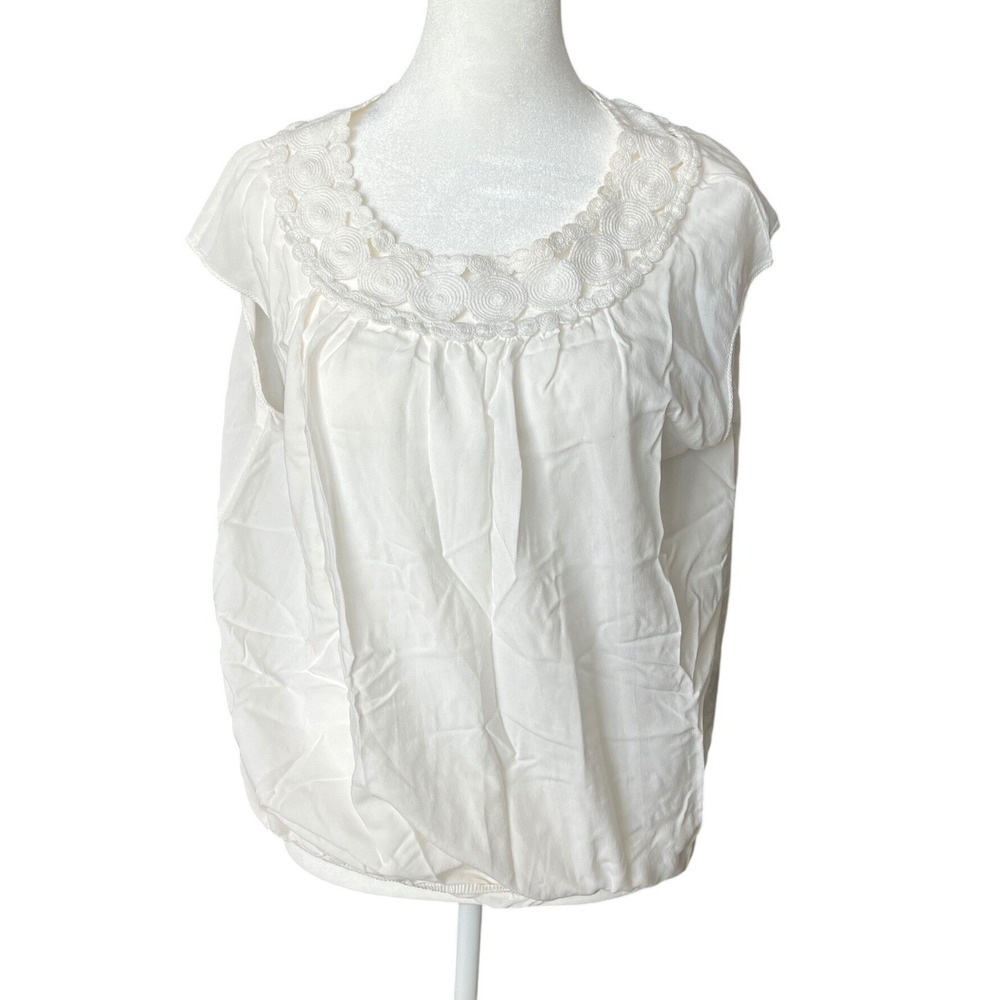 Max Edition Womens White Rayon Crochet Neck Bubble Hem Cap Sleeve Blouse Medium